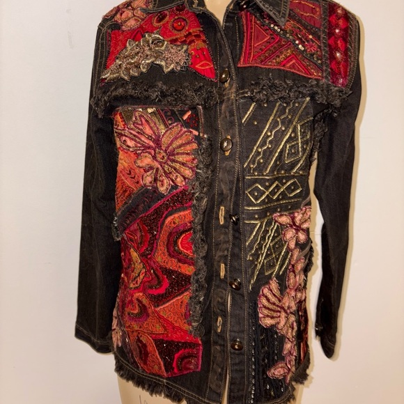 Chico's Jackets & Blazers - Chicos Brown Denim Embroidered Heavily Beaded Floral Jacket Size 0